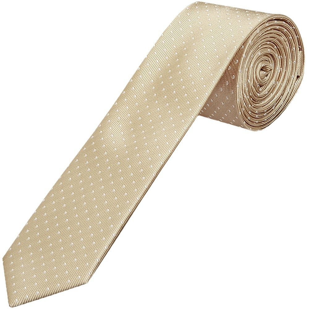 Champagne And White Polka Dot Skinny Mens Tie 1
