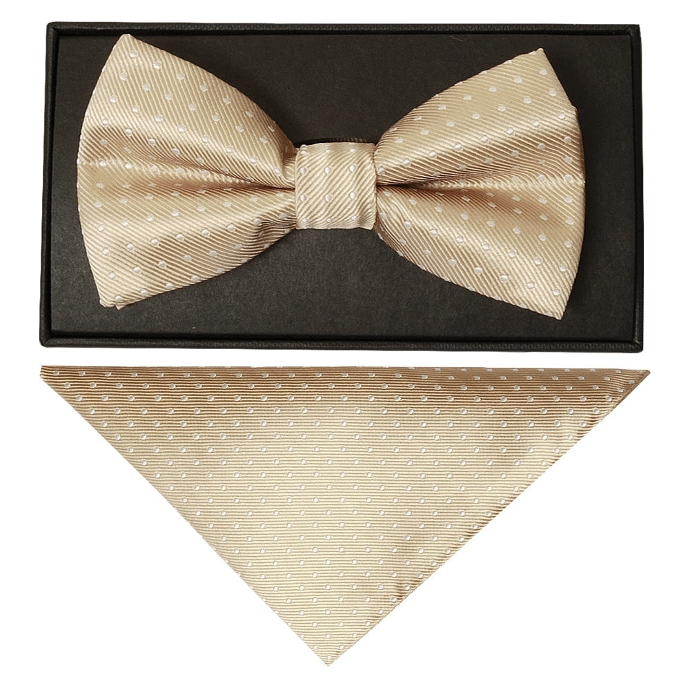 Handmade Champagne And White Polka Dot Mens Bow Tie And Pocket Square Set 1