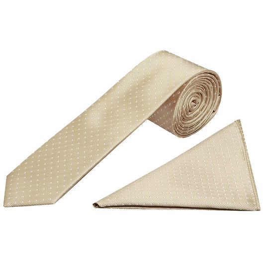 Champagne And White Polka Dot Skinny Boys Tie And Pocket Square Set 1