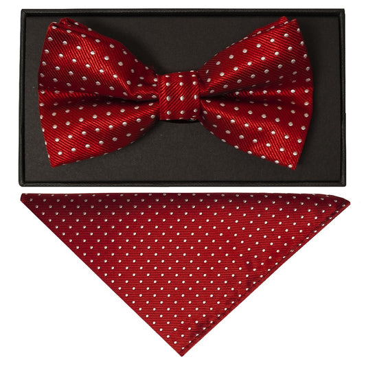 Handmade Red And White Polka Dot Mens Bow Tie And Pocket Square Set 1
