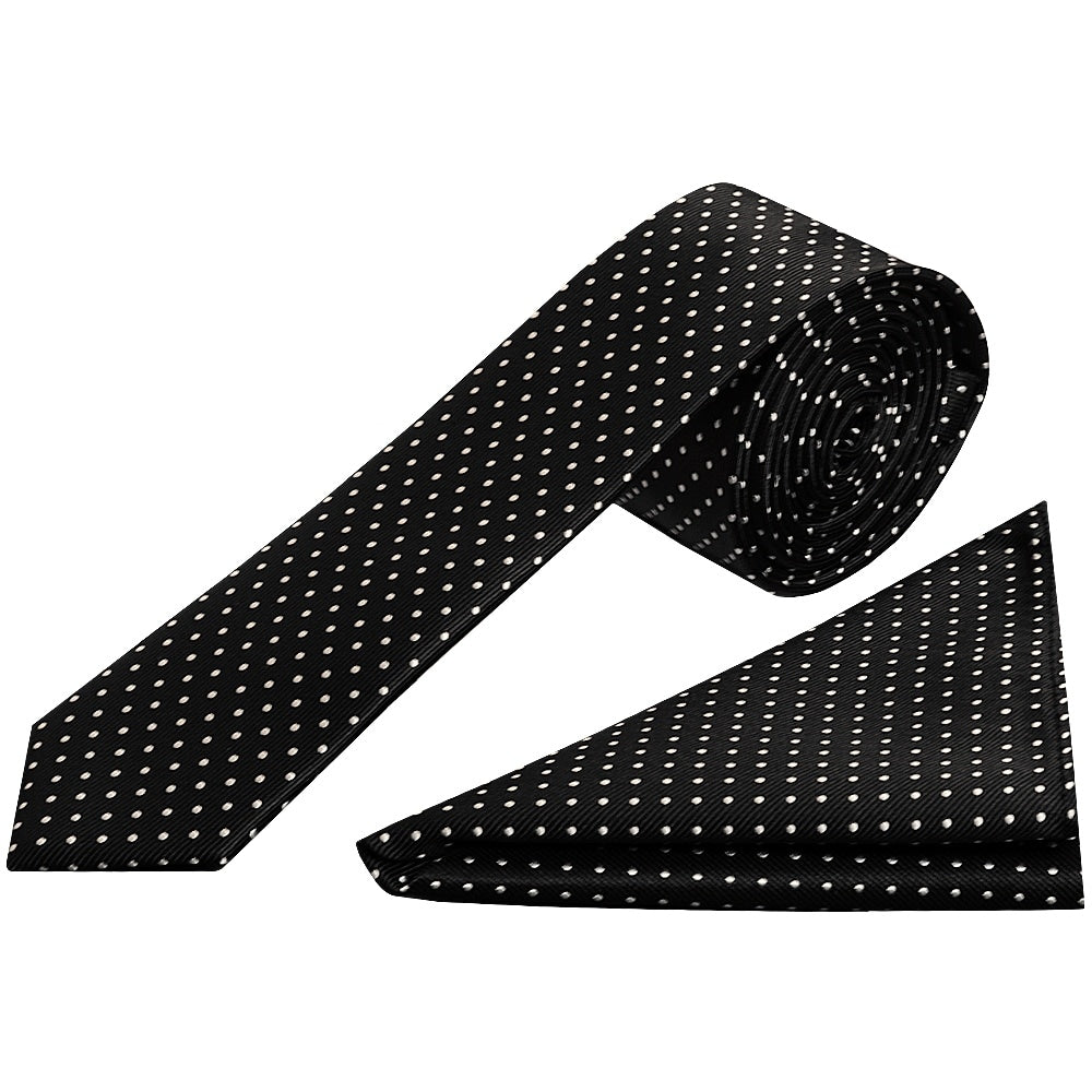 Black And White Polka Dot Skinny Mens Tie Pocket Square Set 1