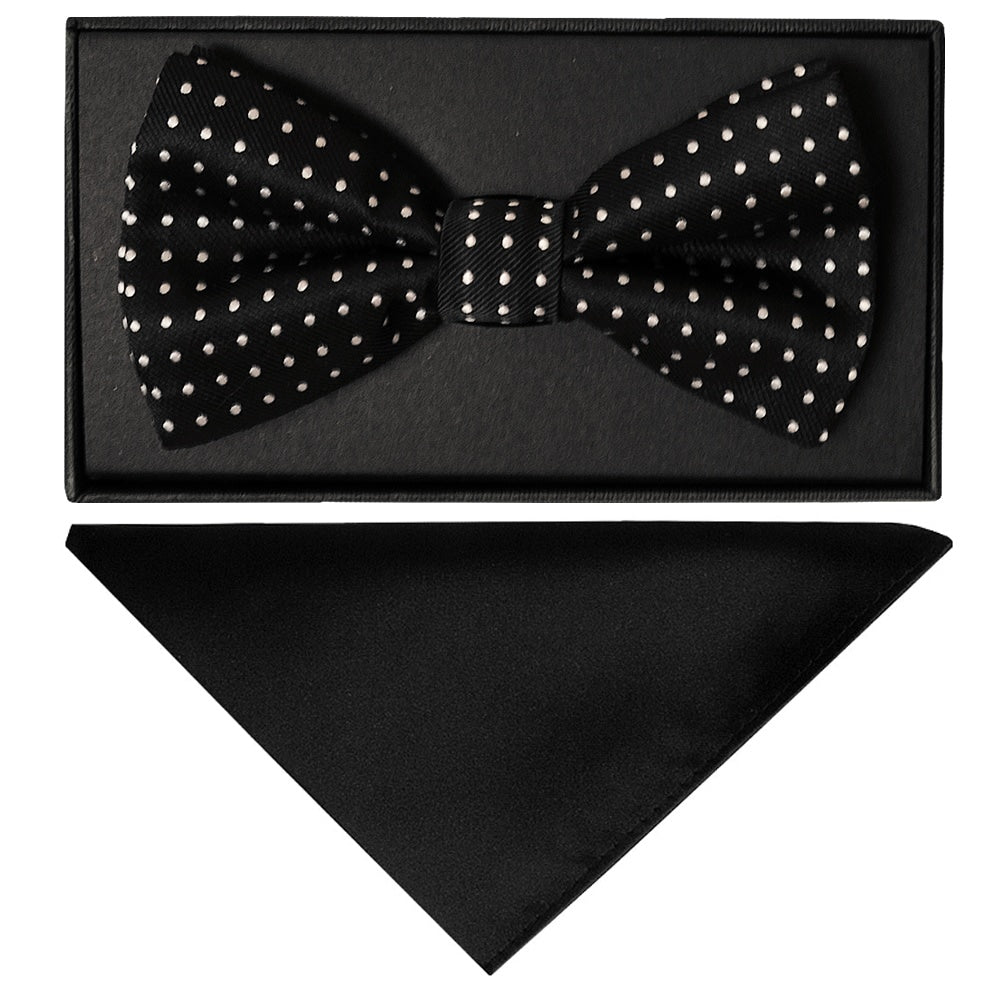 Hand Made Black And White Polka Dot Mens Bow Tie And Pocket Square Set P249 1