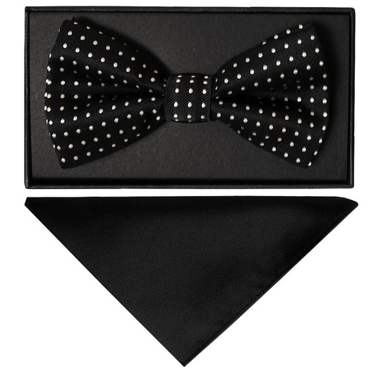 Hand Made Black And White Polka Dot Mens Bow Tie And Pocket Square Set P249 1
