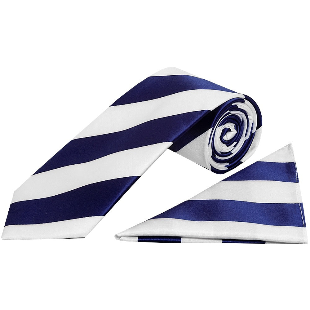 Navy And White Striped Classic Mens Football Tie And Pocket Square Set 1