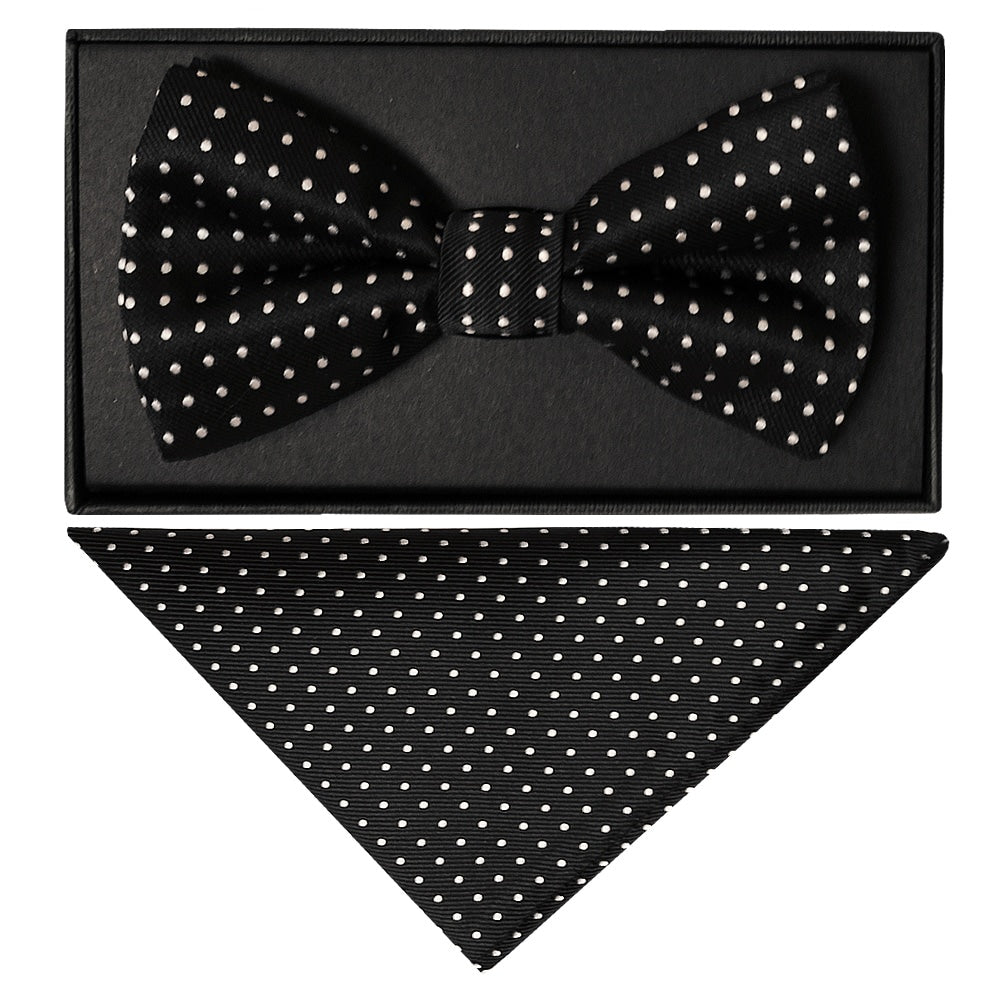 Hand Made Black And White Polka Dot Mens Bow Tie And Pocket Square Set 1