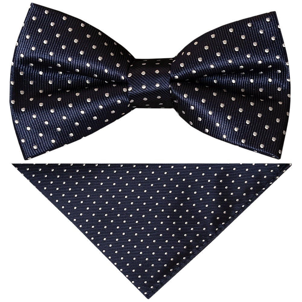 Pre Tied Navy Polka Dot Boys Bow Tie and Pocket Square Set