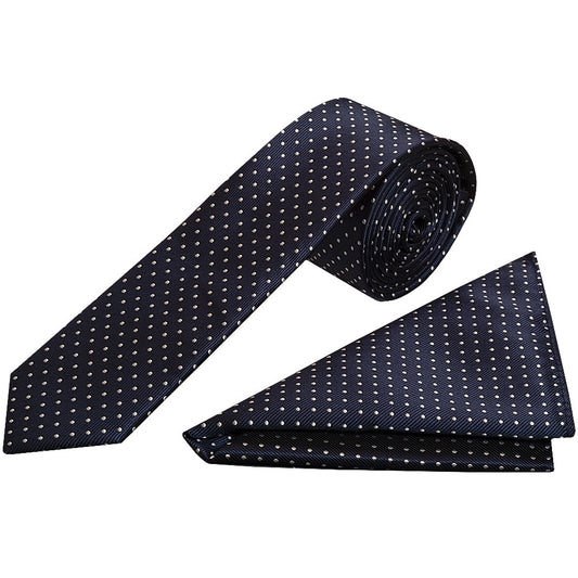 Navy Blue and White Polka Dot Skinny Boys Tie and Pocket Square Set