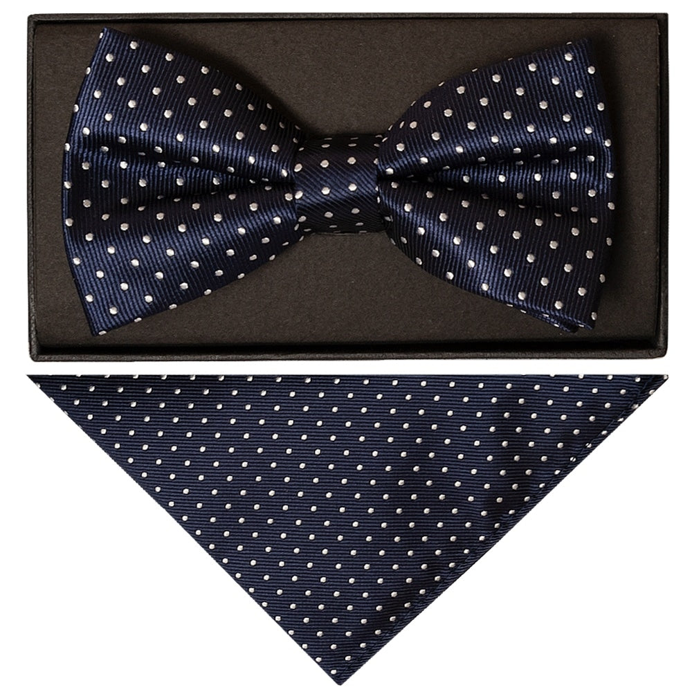 Navy Blue And White Polka Dot Mens Bow Tie And Pocket Square Set 1
