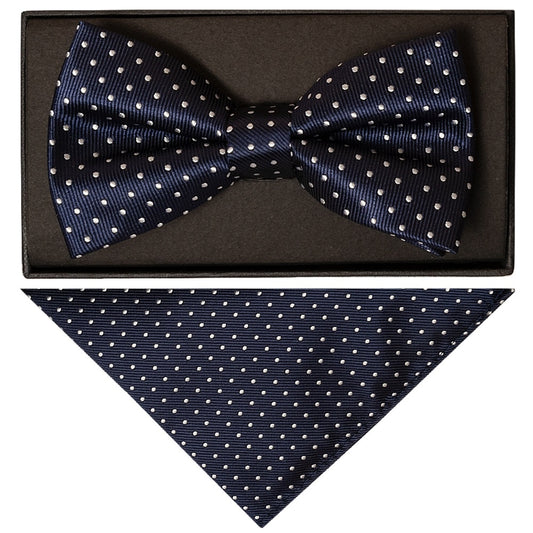 Navy Blue And White Polka Dot Mens Bow Tie And Pocket Square Set 1