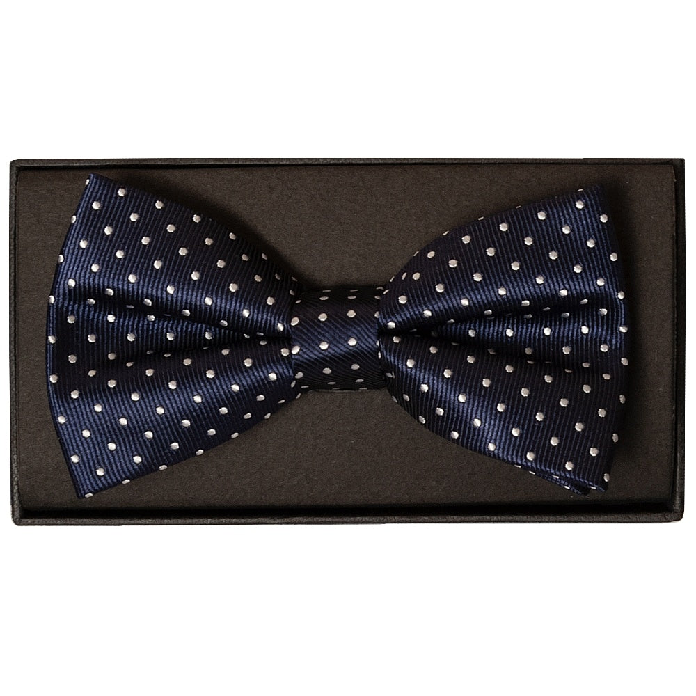 Navy Blue And White Polka Dot Mens Bow Tie and Pocket Square Set