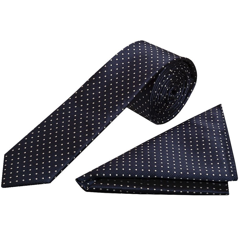 Navy Blue and White Polka Dot Skinny Mens Tie Pocket Square Set