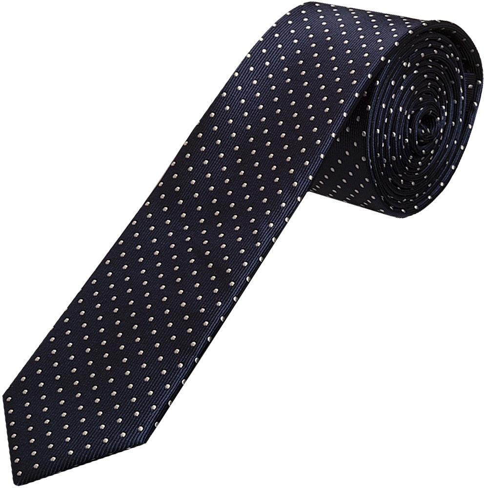 Navy Blue and White Polka Dot Skinny Mens Tie Pocket Square Set