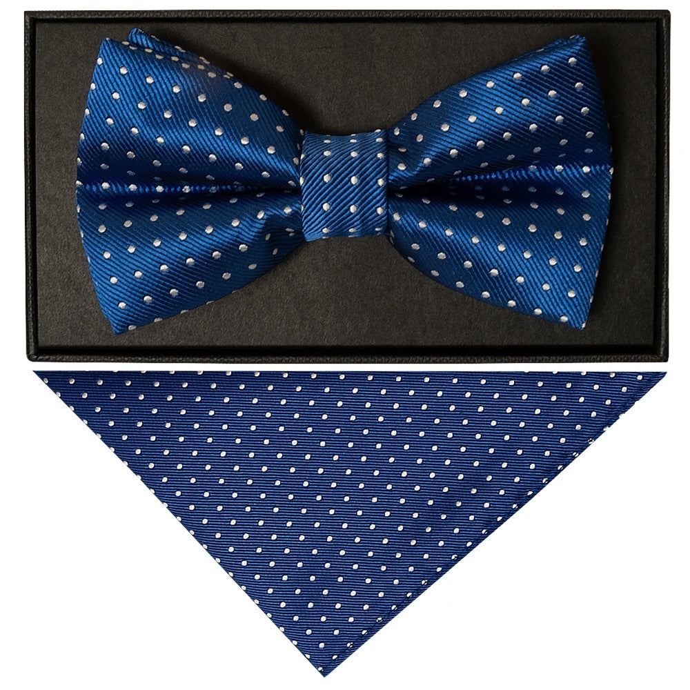 Handmade Blue And White Polka Dot Mens Bow Tie And Pocket Square Set 1
