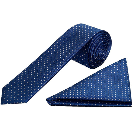 Blue And White Polka Dot Skinny Boys Tie And Pocket Square Set 1