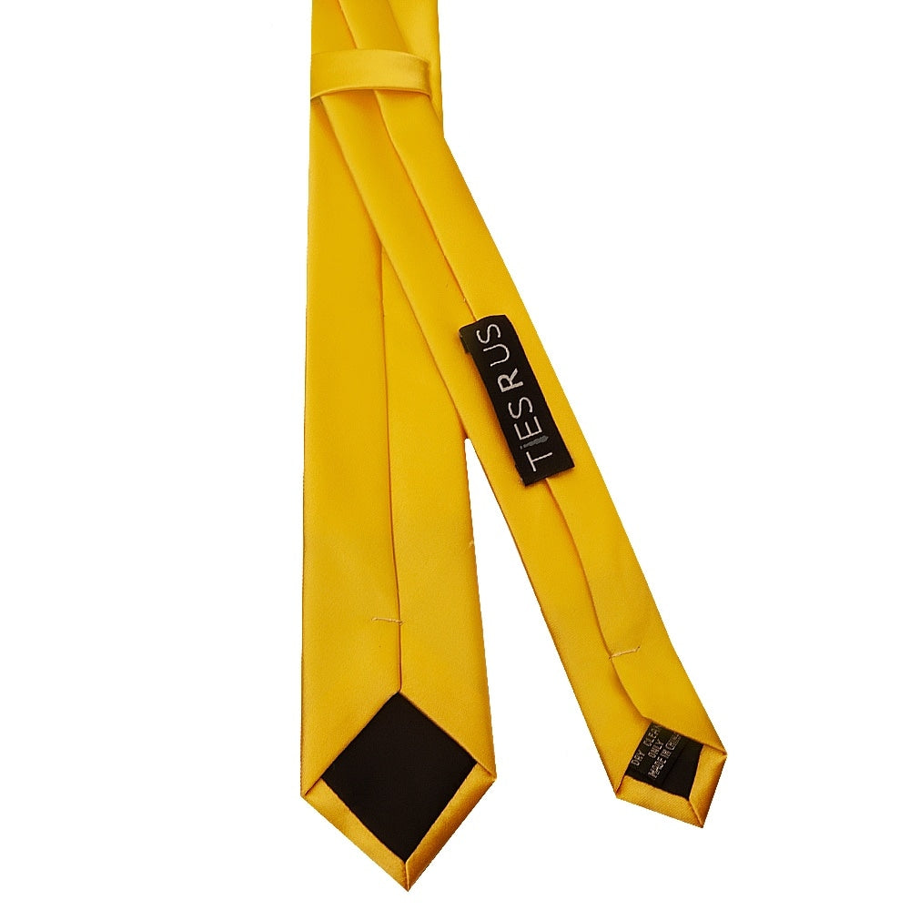 Plain Yellow Satin Skinny Mens Tie And Pocket Square Set 3