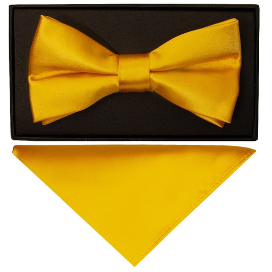 Plain Bright Yellow Hand Made Mens Bow Tie And Pocket Square Set 1