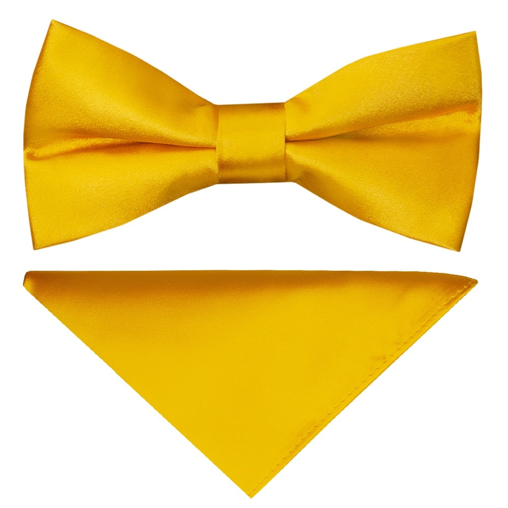 Pre Tied Bright Yellow Satin Boys Bow Tie And Pocket Square Set 1