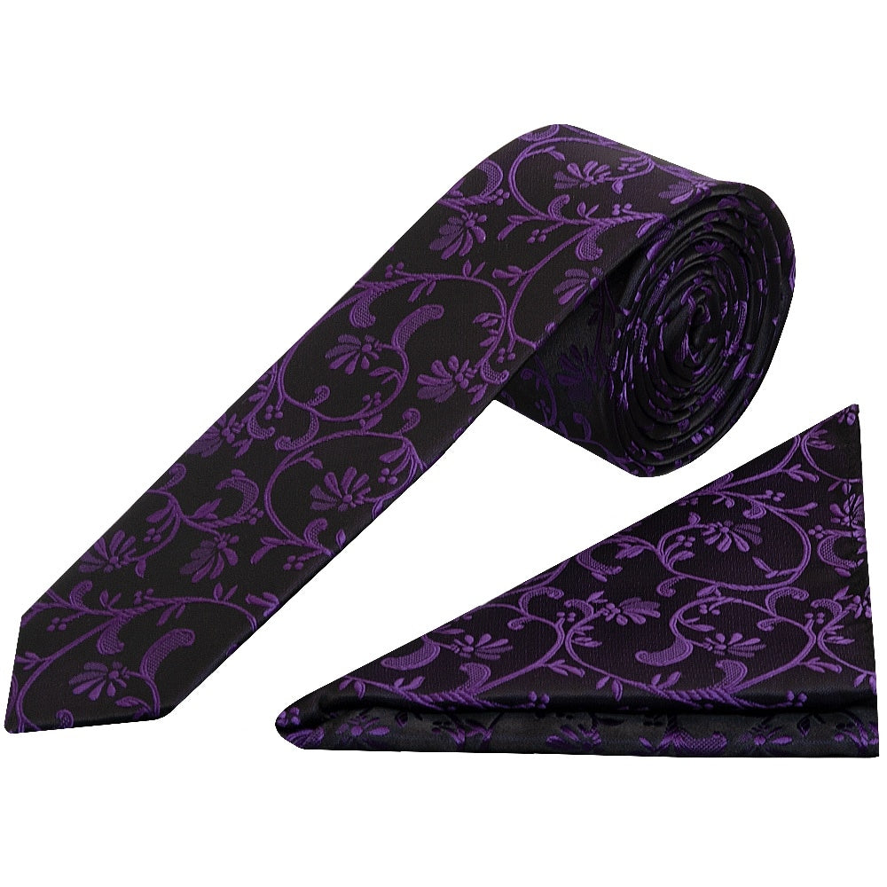 Black With Purple Floral Skinny Boys Tie And Pocket Square Set 1