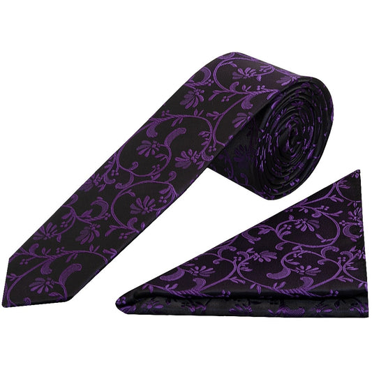 Black With Purple Floral Skinny Boys Tie And Pocket Square Set 1