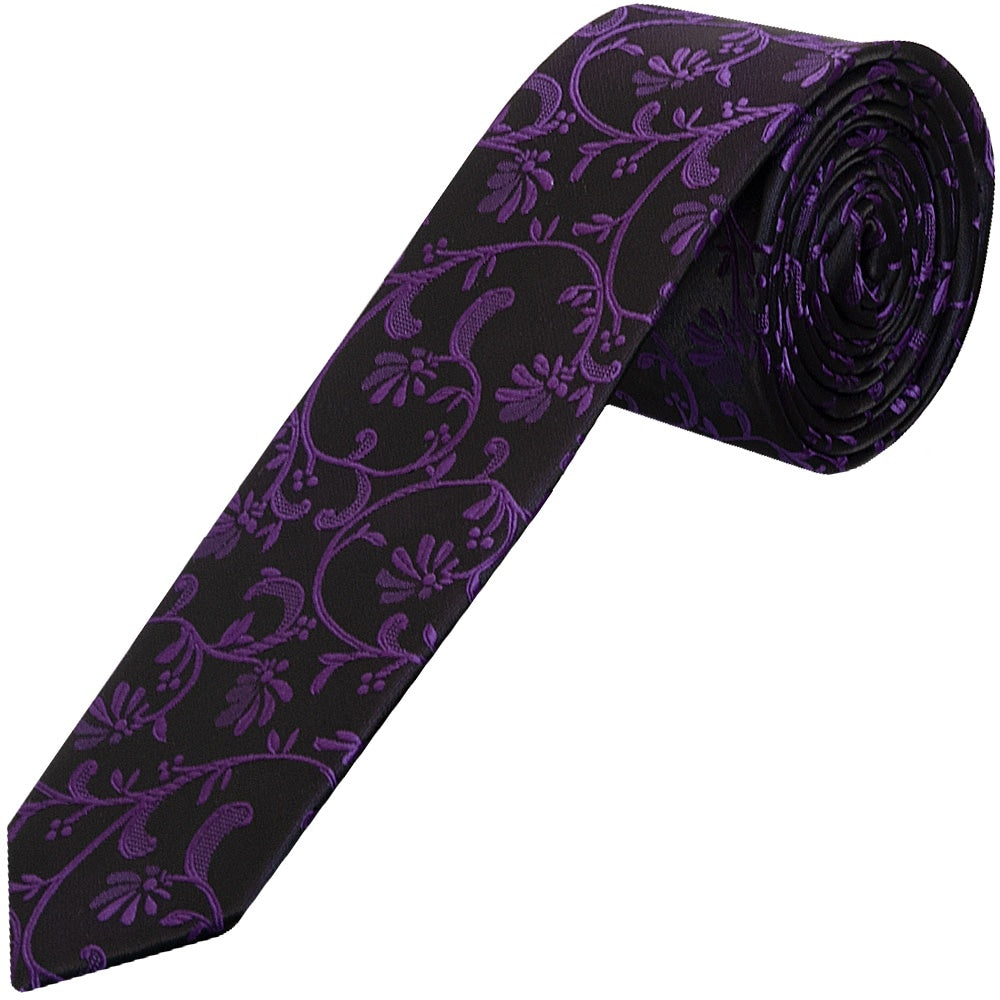 Black With Purple Floral Skinny Boys Tie And Pocket Square Set 2