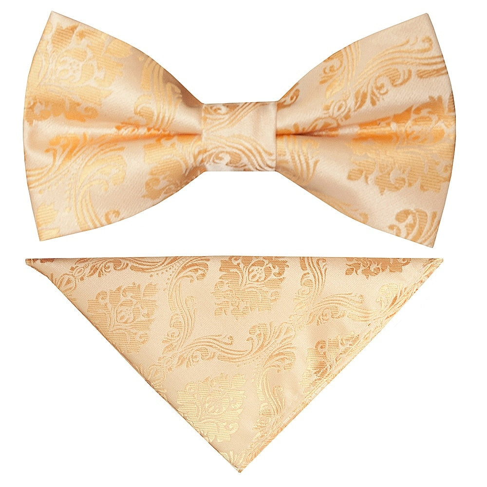 Pre Tied Peach Paisley Boys Bow Tie And Pocket Square Set 1