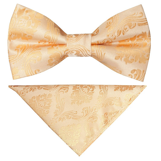 Pre Tied Peach Paisley Boys Bow Tie And Pocket Square Set 1