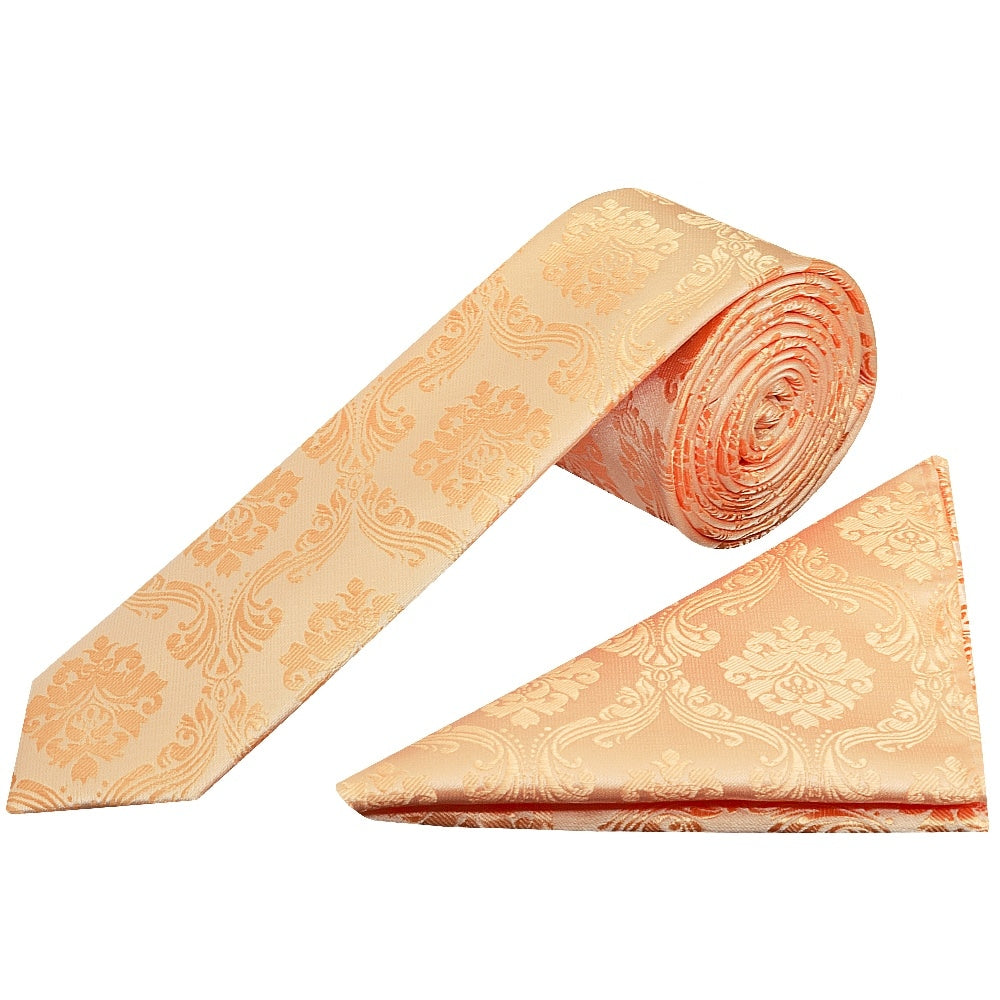 Peach Paisley Skinny Mens Tie And Pocket Square Set 1