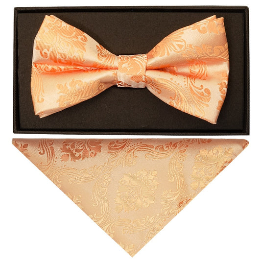 Peach Paisley Handmade Mens Bow Tie And Pocket Square Set 1