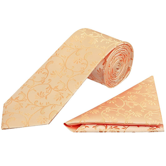Peach Floral Classic Mens Tie And Pocket Square Set 1