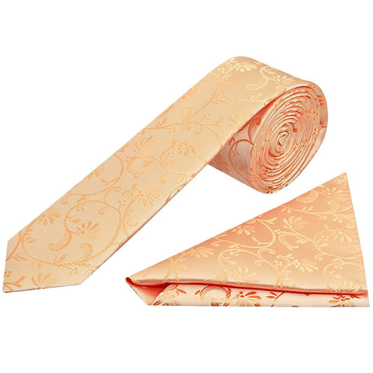 Peach Floral Skinny Mens Tie And Pocket Square Set 1