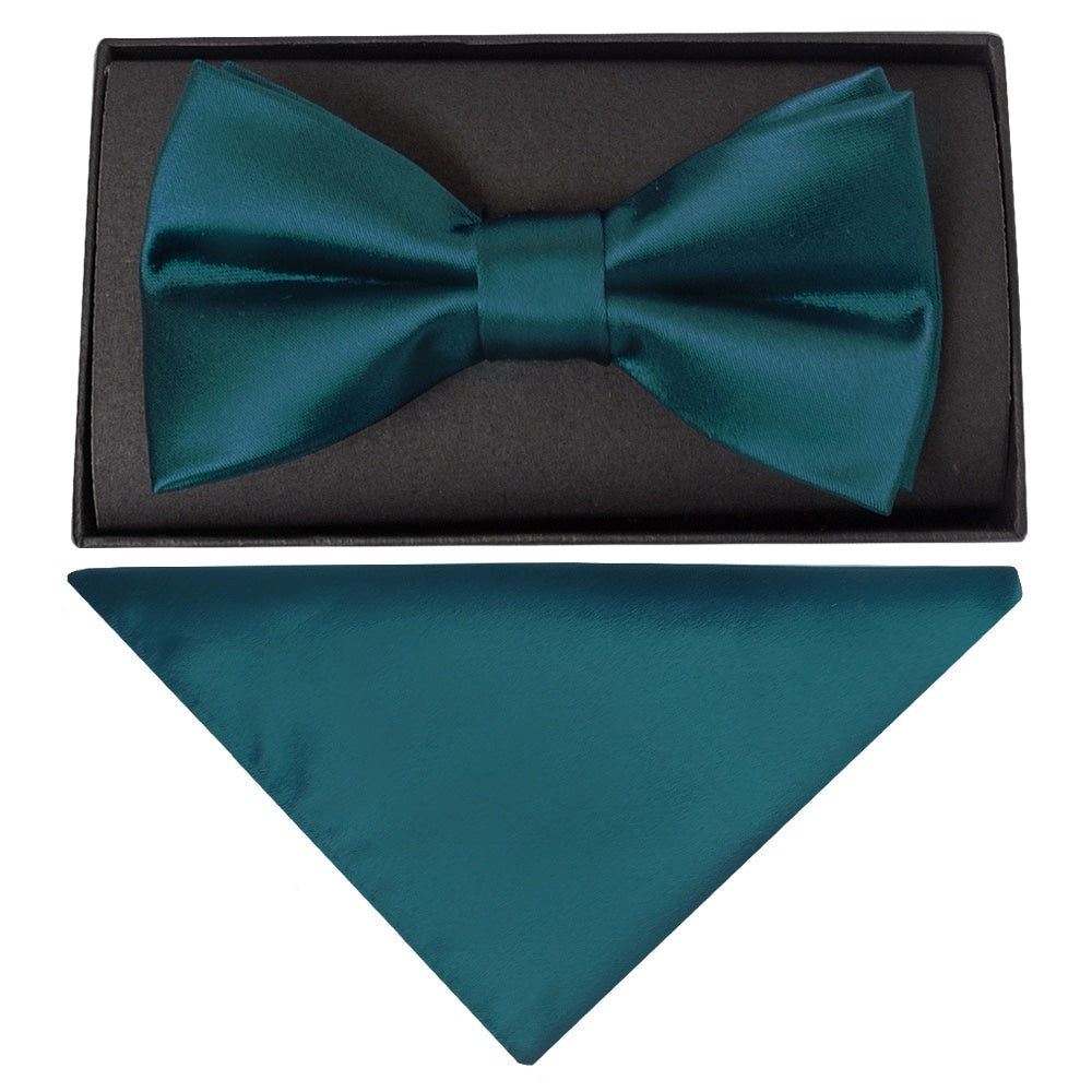 Plain Dark Teal Handmade Mens Bow Tie And Pocket Square Set 1