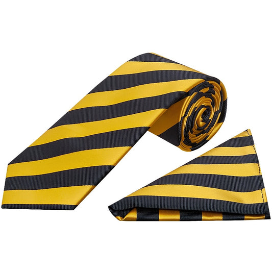 Navy And Yellow Striped Classic Mens Tie And Pocket Square Set 1