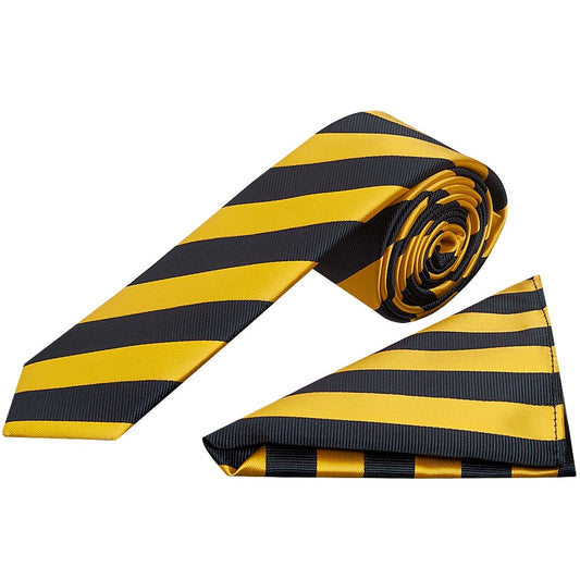 Navy And Yellow Striped Skinny Mens Tie And Pocket Square Set 1