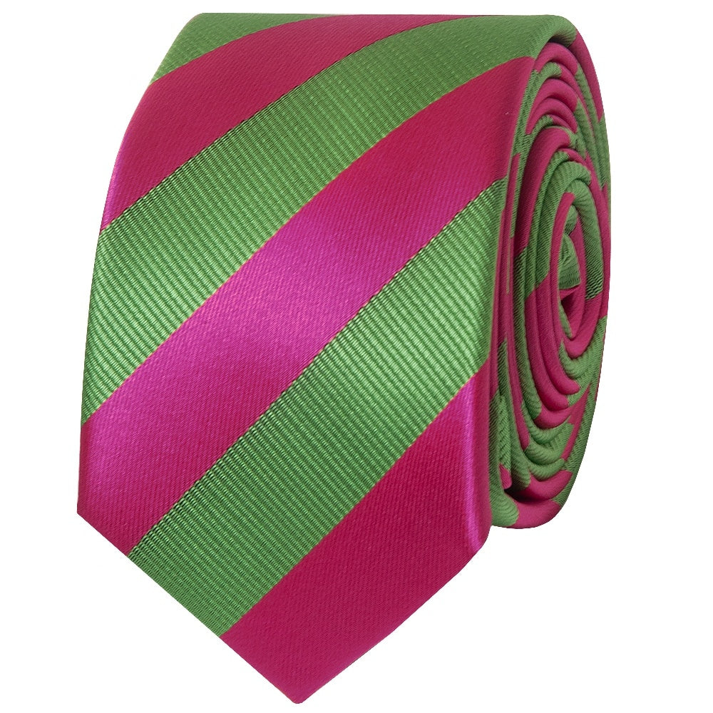 Pink And Lime Striped Skinny Mens Tie 2