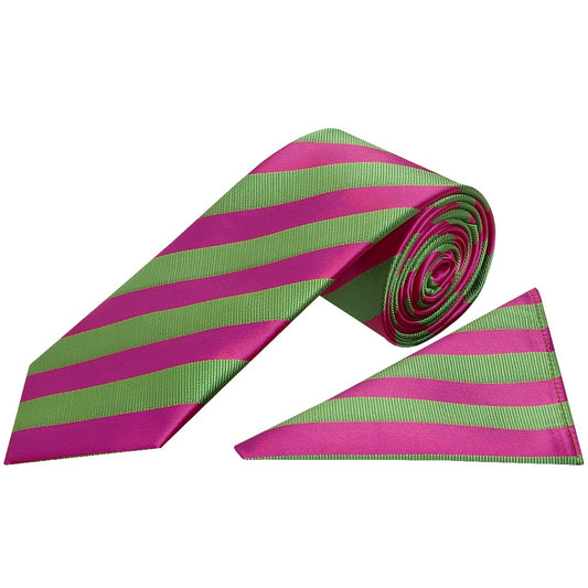 Pink And Lime Striped Classic Mens Tie And Pocket Square Set 1