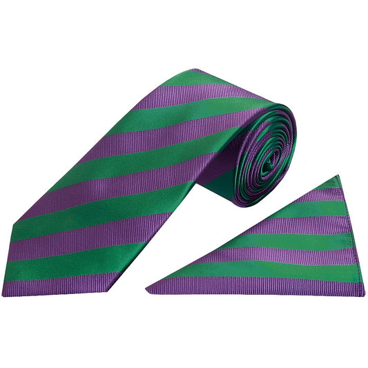 Green And Purple Striped Classic Mens Tie And Pocket Square Set 1
