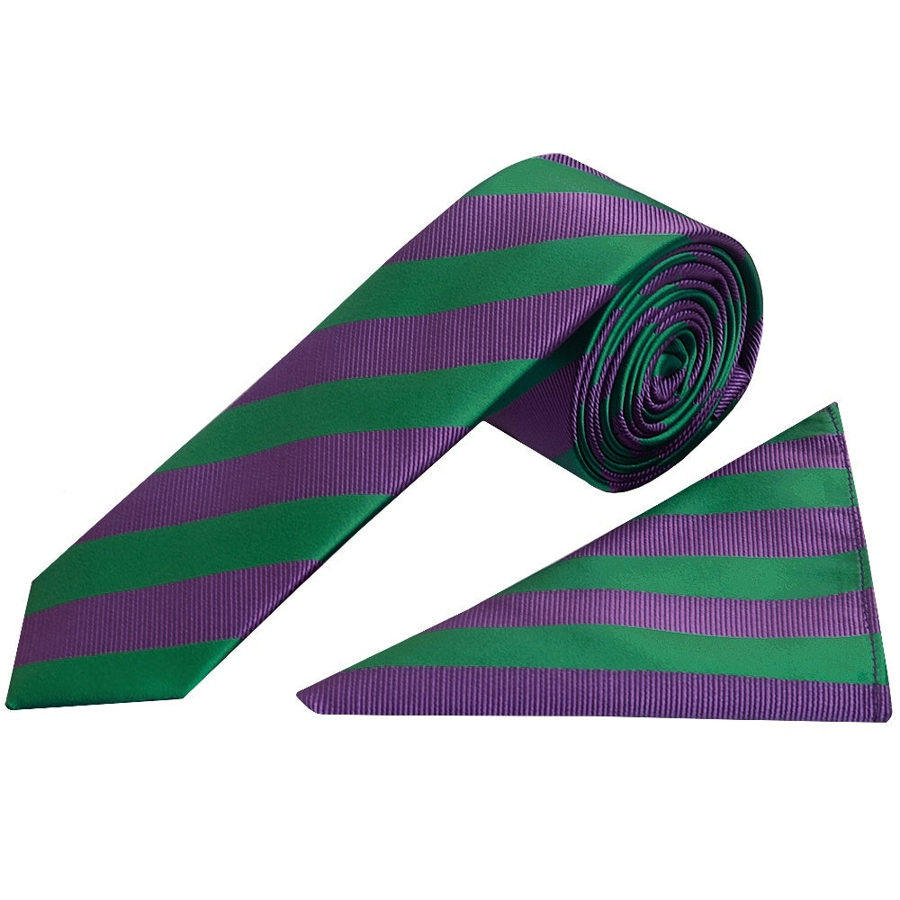 Green And Purple Striped Skinny Mens Tie And Pocket Square Set 1