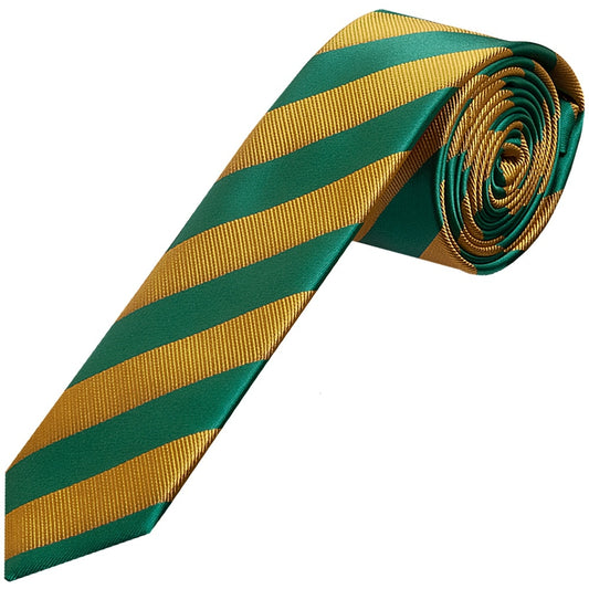 Green And Gold Striped Skinny Mens Tie 1