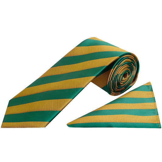 Green And Gold Striped Classic Mens Tie And Pocket Square Set 1