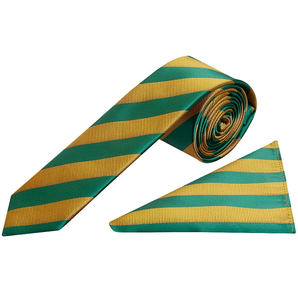 Green And Gold Striped Skinny Mens Tie And Pocket Square Set 1