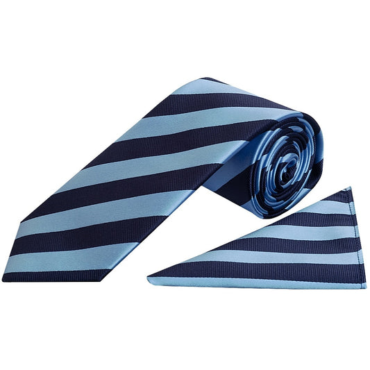 Navy And Light Blue Striped Classic Mens Tie And Pocket Square Set 1