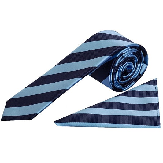 Navy And Light Blue Striped Skinny Mens Tie And Pocket Square Set 1
