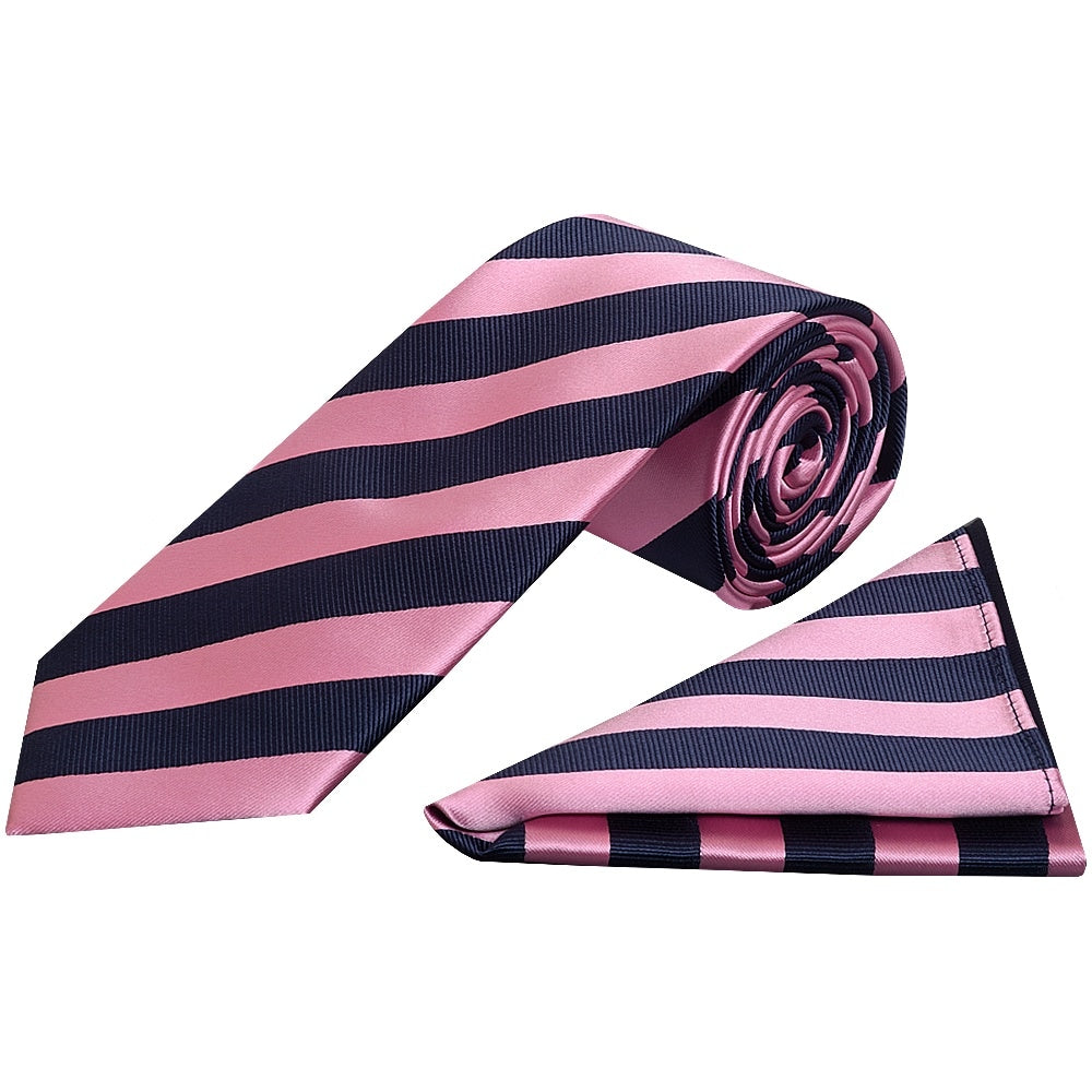 Navy And Pink Striped Classic Mens Tie And Pocket Square Set 1