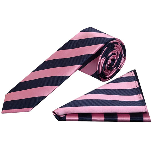 Navy And Pink Striped Skinny Mens Tie And Pocket Square Set 1