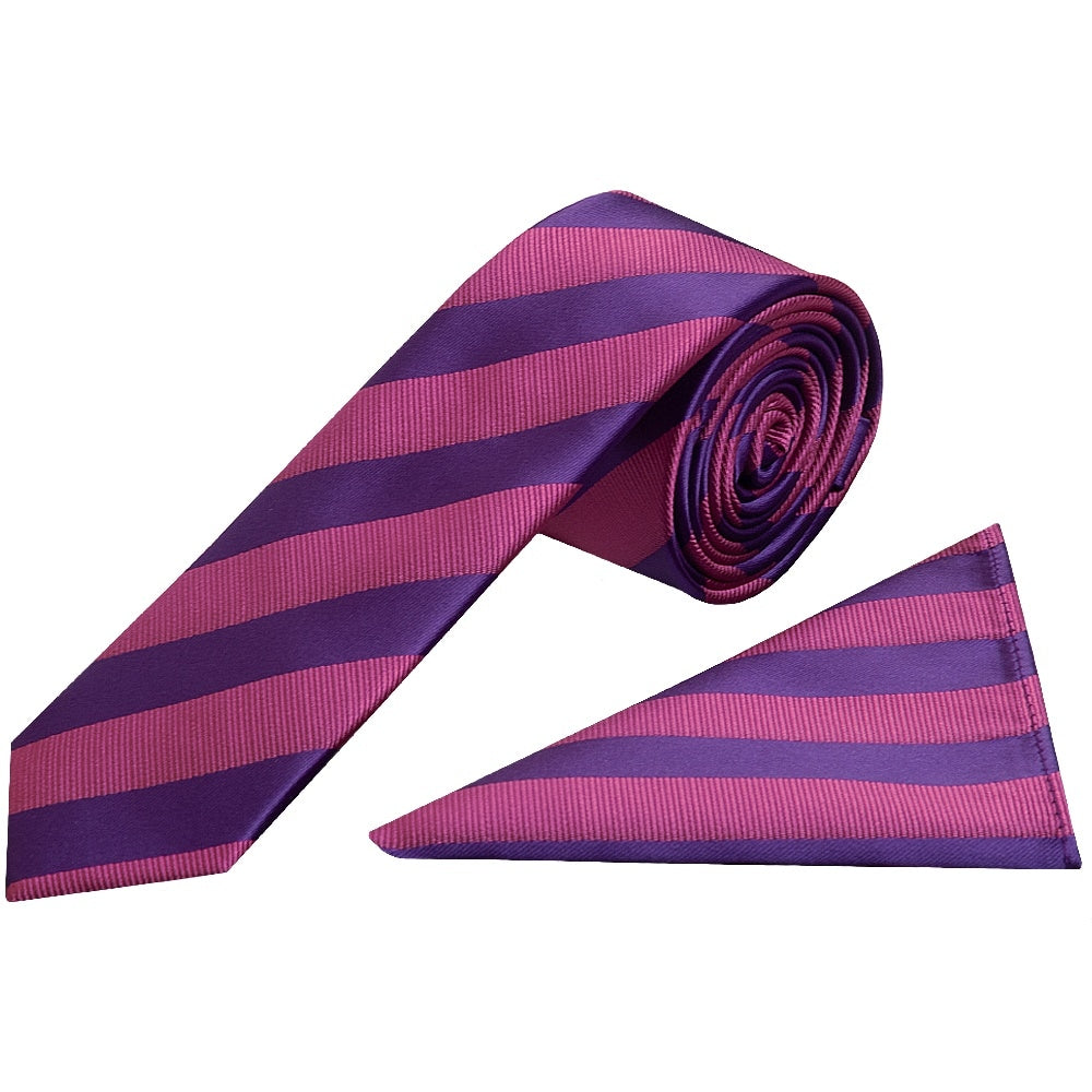 Purple And Pink Striped Skinny Mens Tie And Pocket Square Set 1