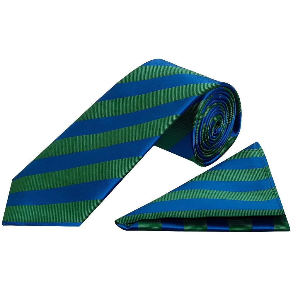 Blue And Green Striped Classic Mens Tie And Pocket Square Set 1