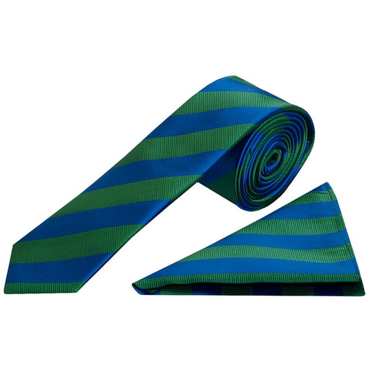 Blue And Green Striped Skinny Mens Tie And Pocket Square Set 1
