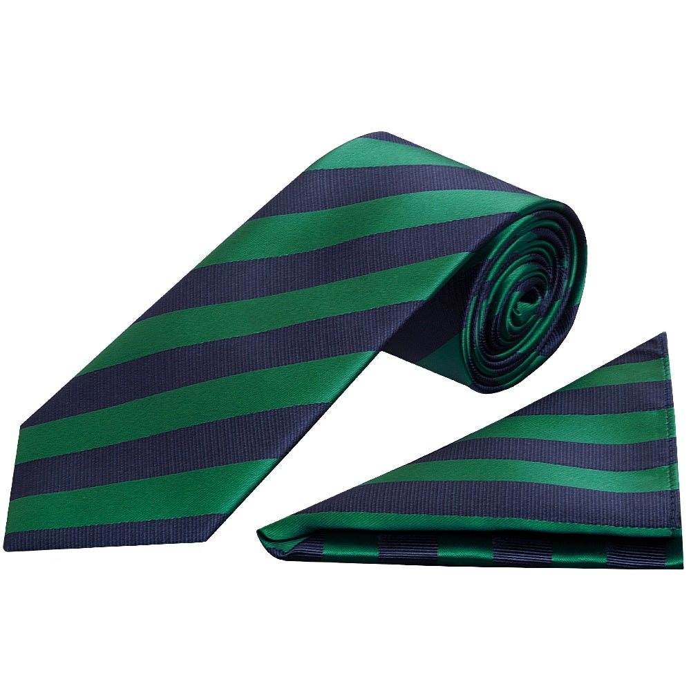 Navy And Green Striped Classic Mens Tie And Pocket Square Set 1