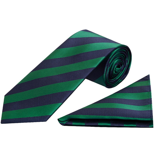 Navy And Green Striped Classic Mens Tie And Pocket Square Set 1