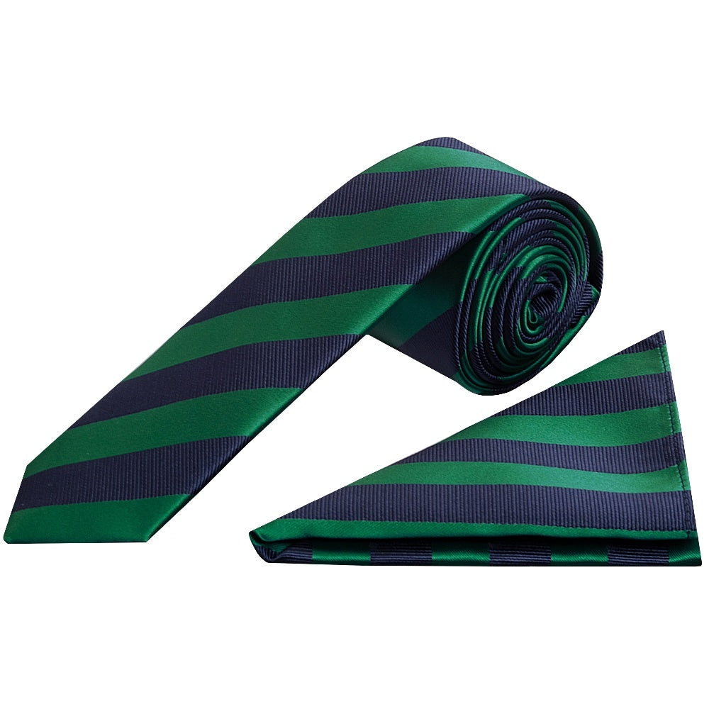 Navy And Green Striped Skinny Mens Tie And Pocket Square Set 1